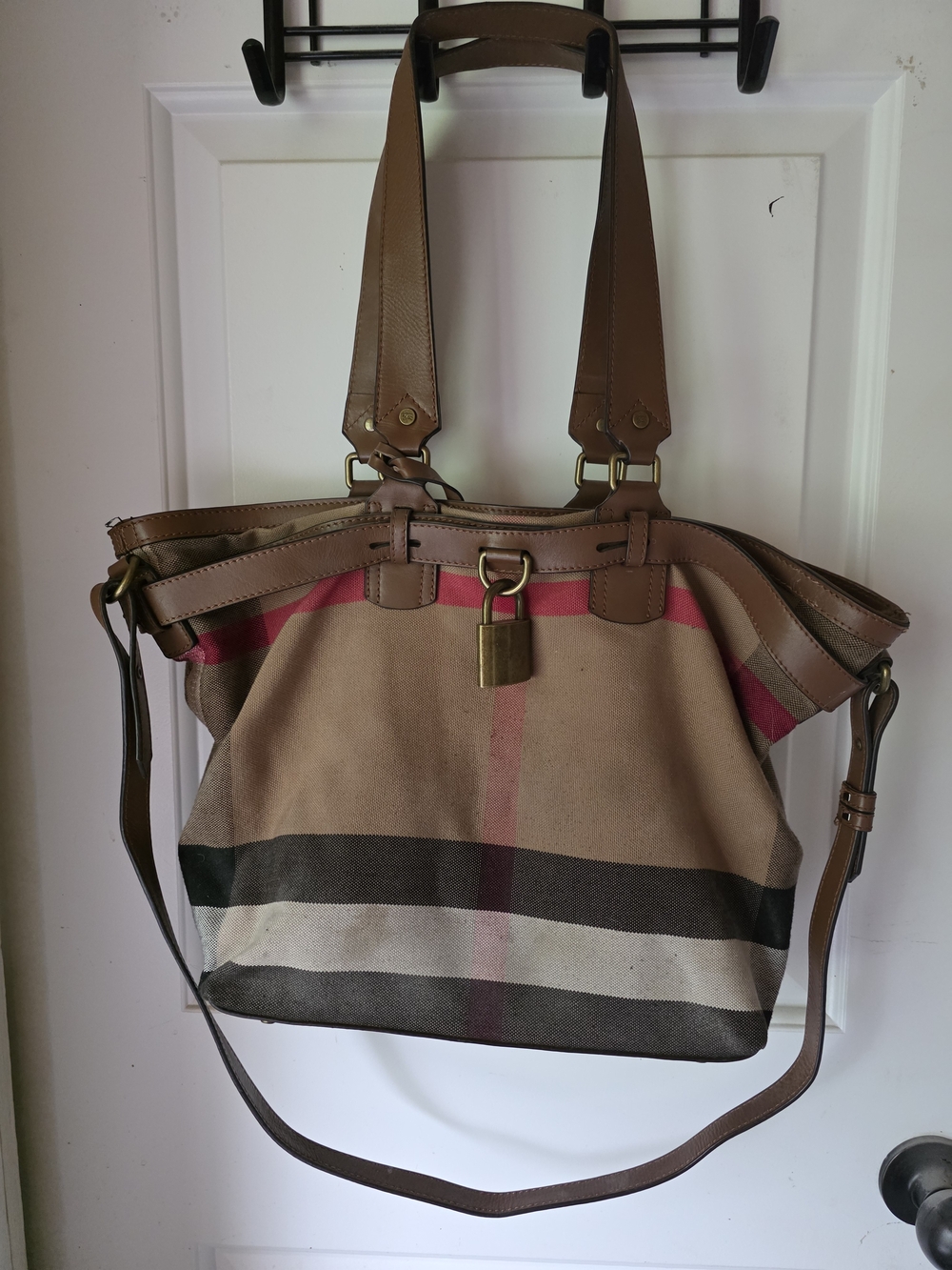 Brown Canvas Tote Bag with Pink Accent